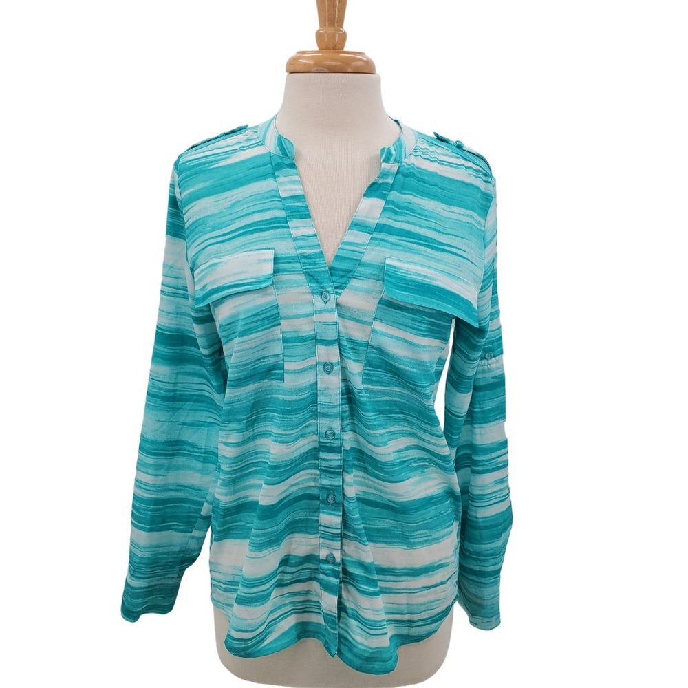 Calvin Klein Womens Button Up Roll Tab Sleeve Blouse Top‎ Sz S Turquoise Pockets